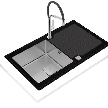 Chiuvetă cu finisaj din sticla PureLine, 1 cuva din inox si 1 picurator, instalare Inset, Diamond RS15 1B 1D 86 BK