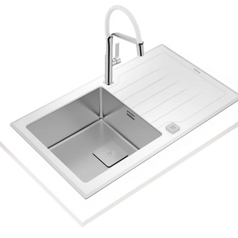 Chiuveta cu finisaj din sticla PureLine, 1 cuva din inox si 1 picurator, Diamond RS15 1B 1D 86 WH