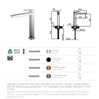 Baterie lavoar Square, inaltime L, Crom
